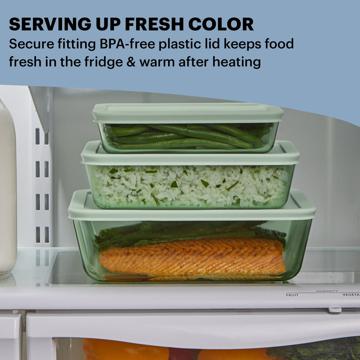 Simply Store Tinted 6-pc Green Rectangle Storage Set with text serving up fresh color secure fitting BPA plastic lid keeps food fresh