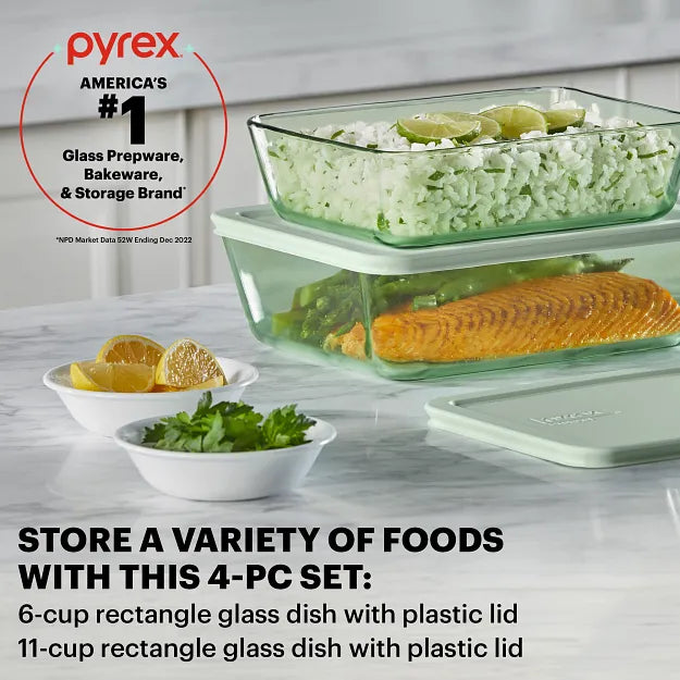 Simply Store® Tinted 4-piece Rectangle Storage Set with Green Plastic Lids with text Pyrex America's Number 1