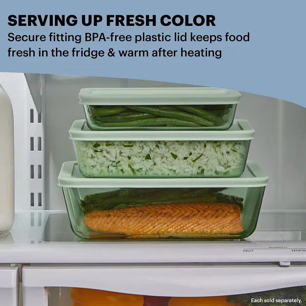 Simply Store® Tinted 4-piece Rectangle Storage Set with Green Plastic Lids with text Serving Up Fresh Color