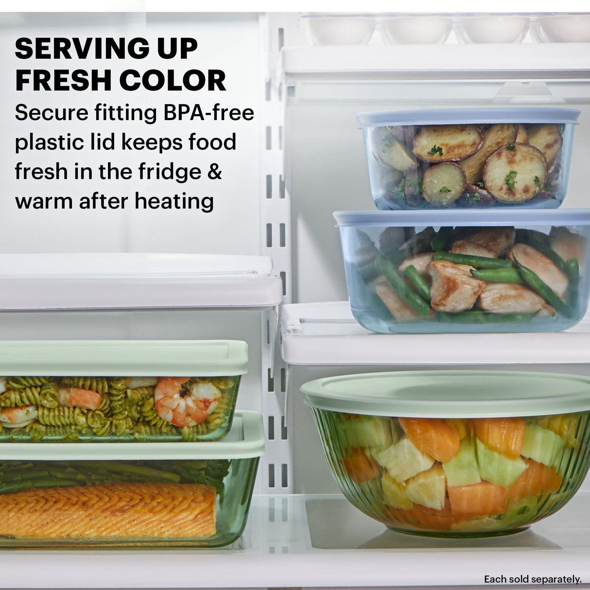 Simply Store Pyrex Colors set in fridge with text serving up fresh color, secure fitting BPA-free plastic lid keeps food fresh in the fridge & warm after heating