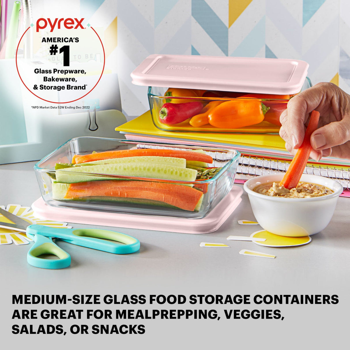 text Pyrex America's #1 Glass Prepware, Bakeware & Storage Brand; medium size glass food storage containers are great for meal prepping, veggies, salads or snacks