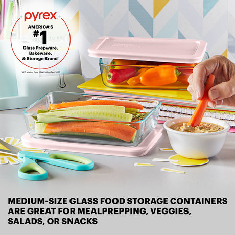 text Pyrex America's #1 Glass Prepware, Bakeware & Storage Brand; medium size glass food storage containers are great for meal prepping, veggies, salads or snacks
