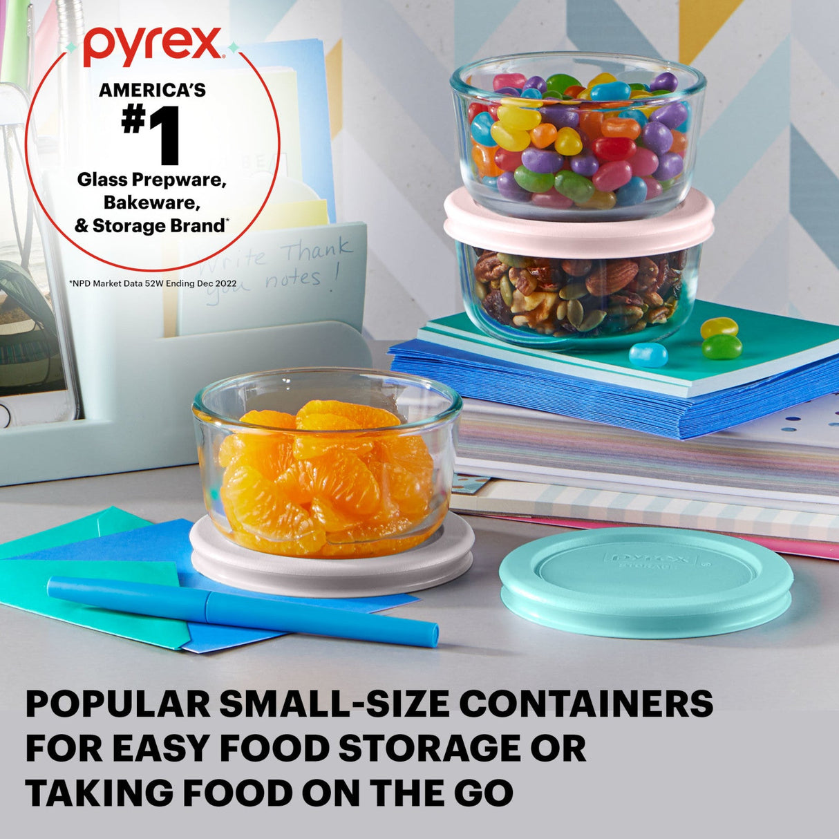 text Pyrex #1 America's glass prepware, bakeware & storage brand; popular small size containers for easy food storage or taking food on the go