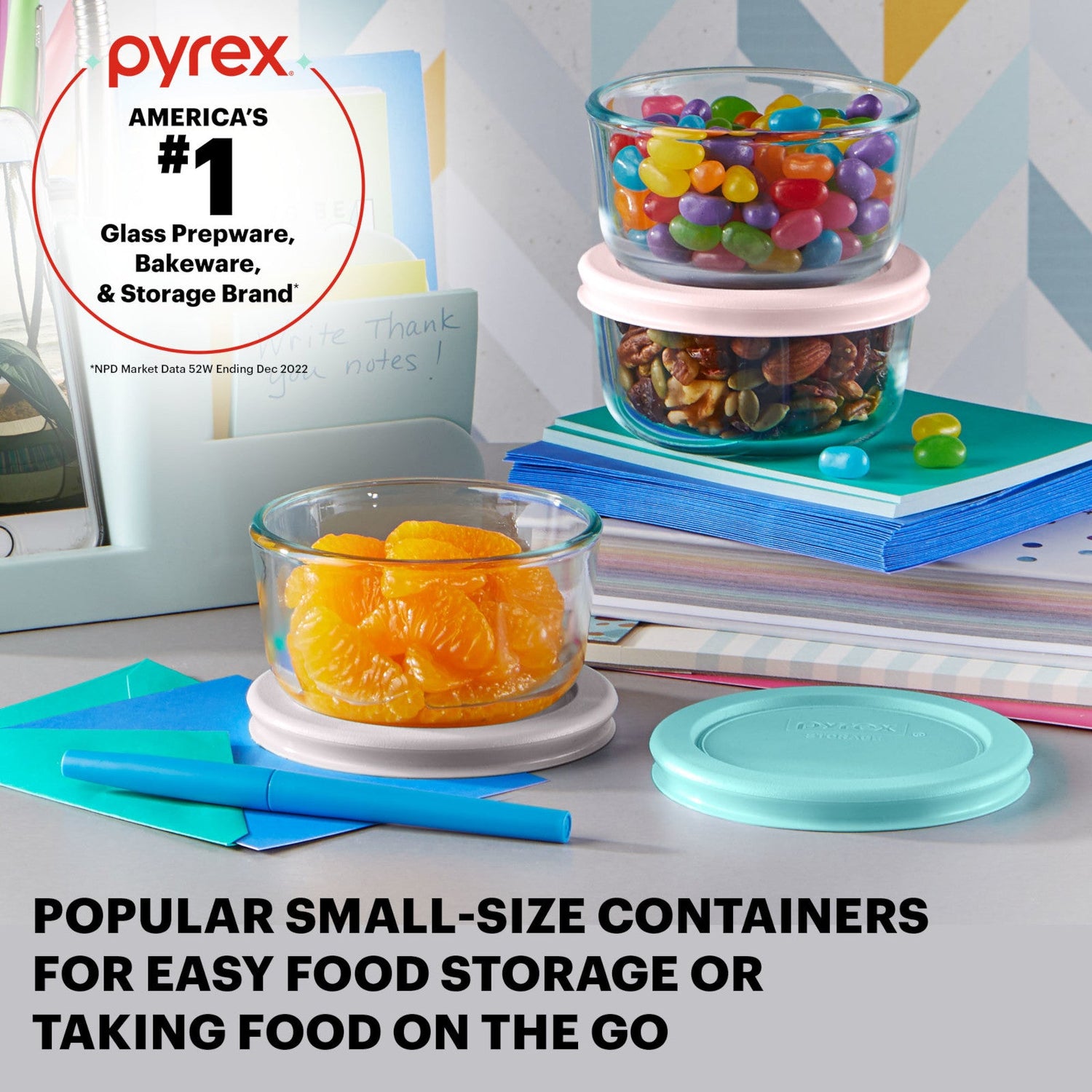 text Pyrex #1 America's glass prepware, bakeware & storage brand; popular small size containers for easy food storage or taking food on the go