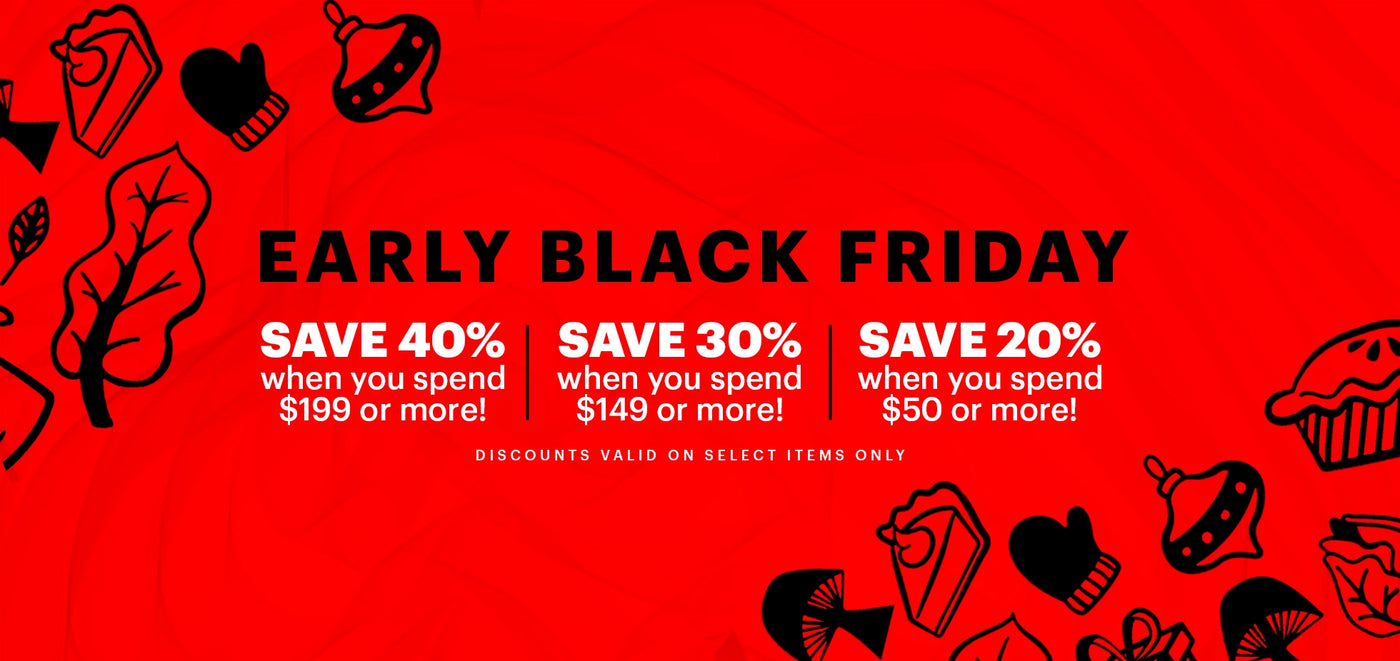 Red promotional banner for early Black Friday savings with black text and icons on a red background.