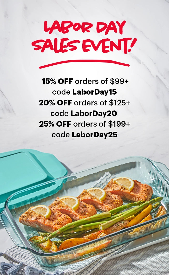 Glass food container with salmon and vegetables on a white background with Labor Day sales text.