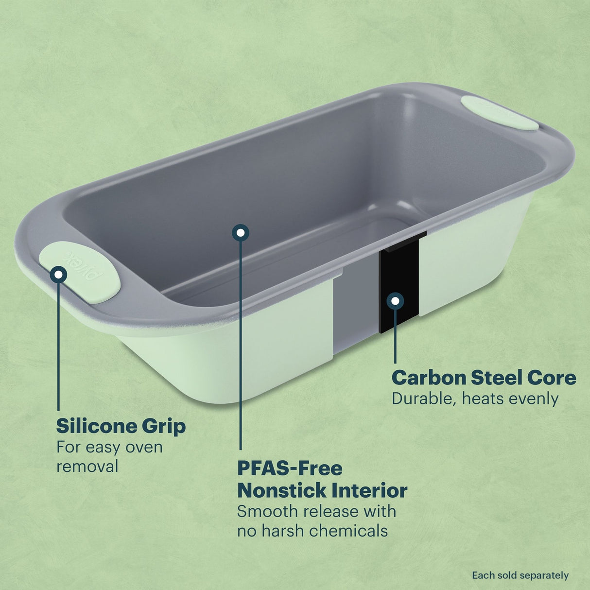 Gray nonstick loaf pan with silicone grips and carbon steel core labels shown.