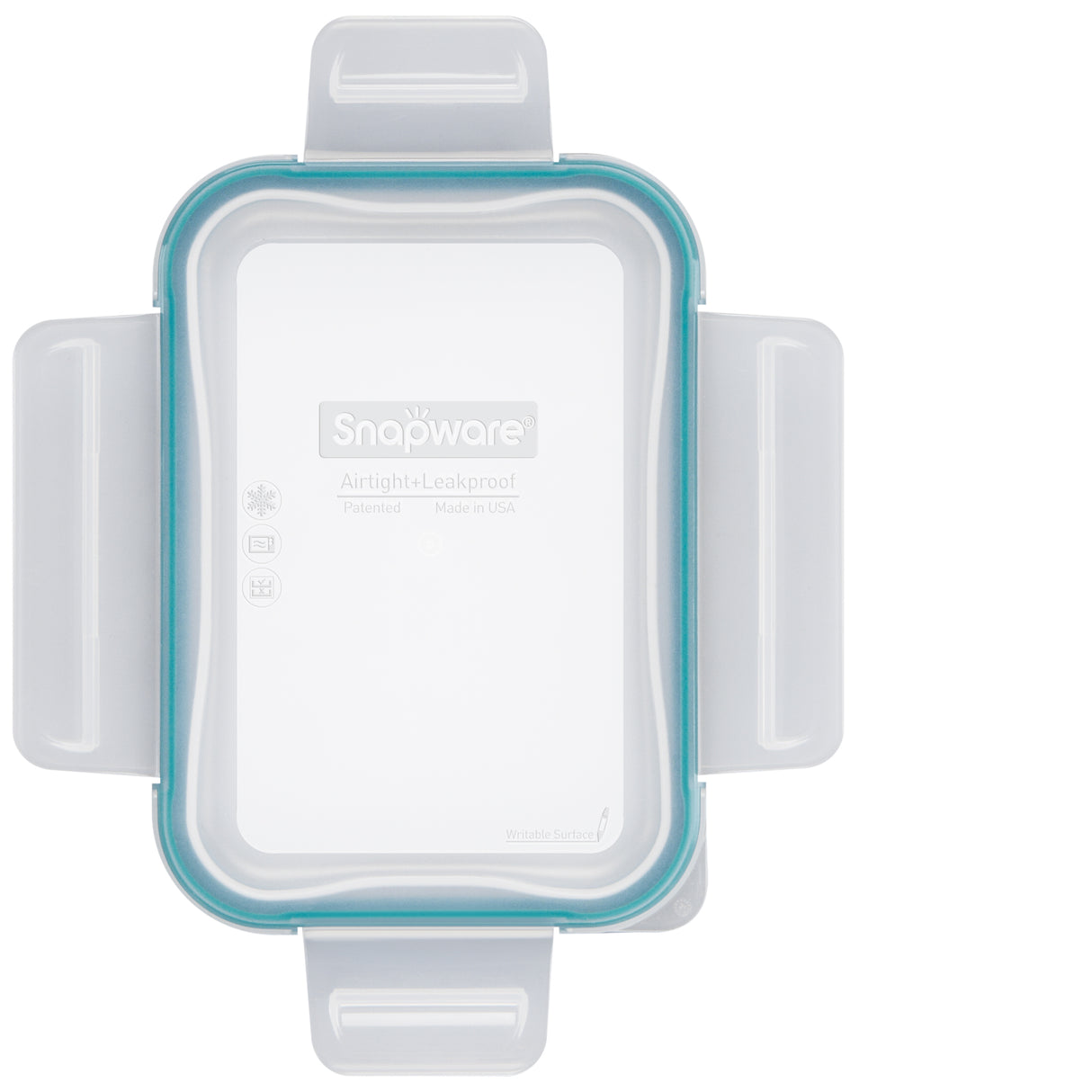 Snapware food storage container with blue lid on a white background