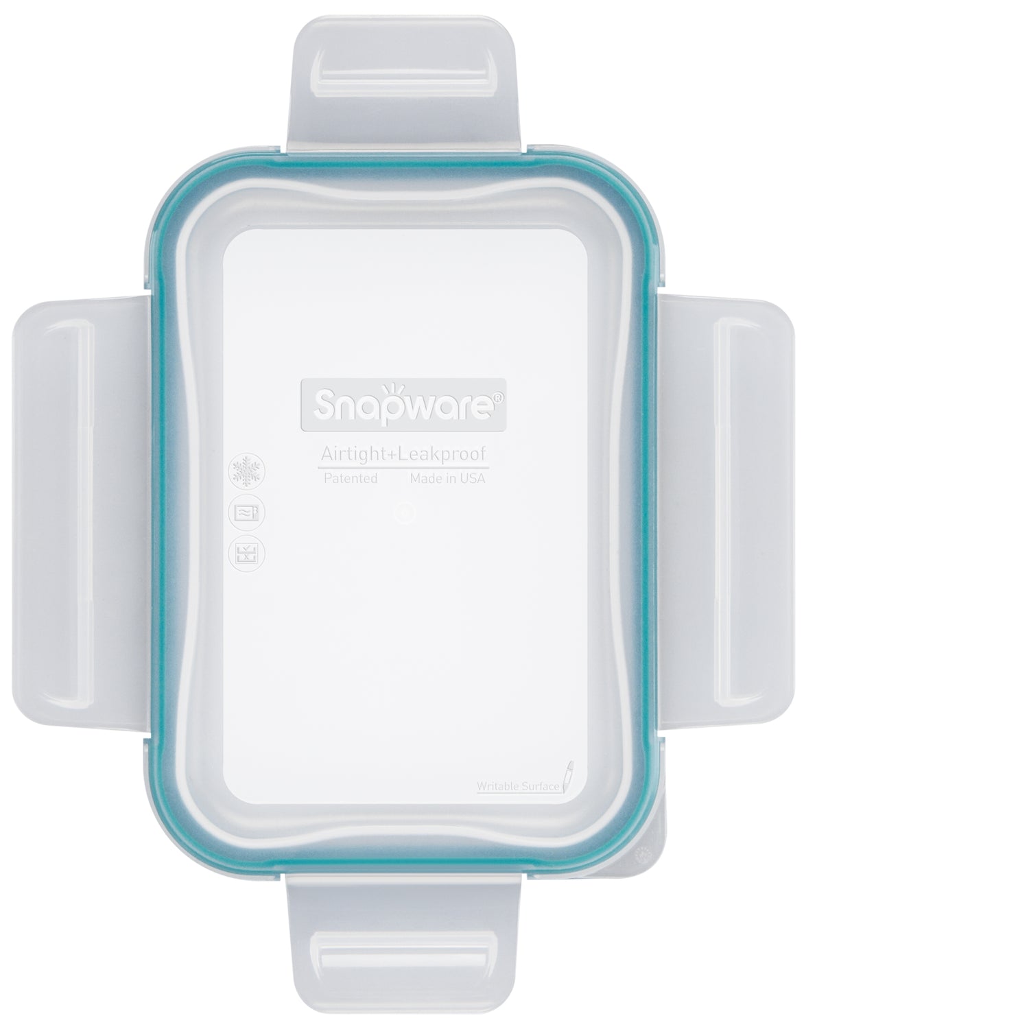 Snapware food storage container with blue lid on a white background