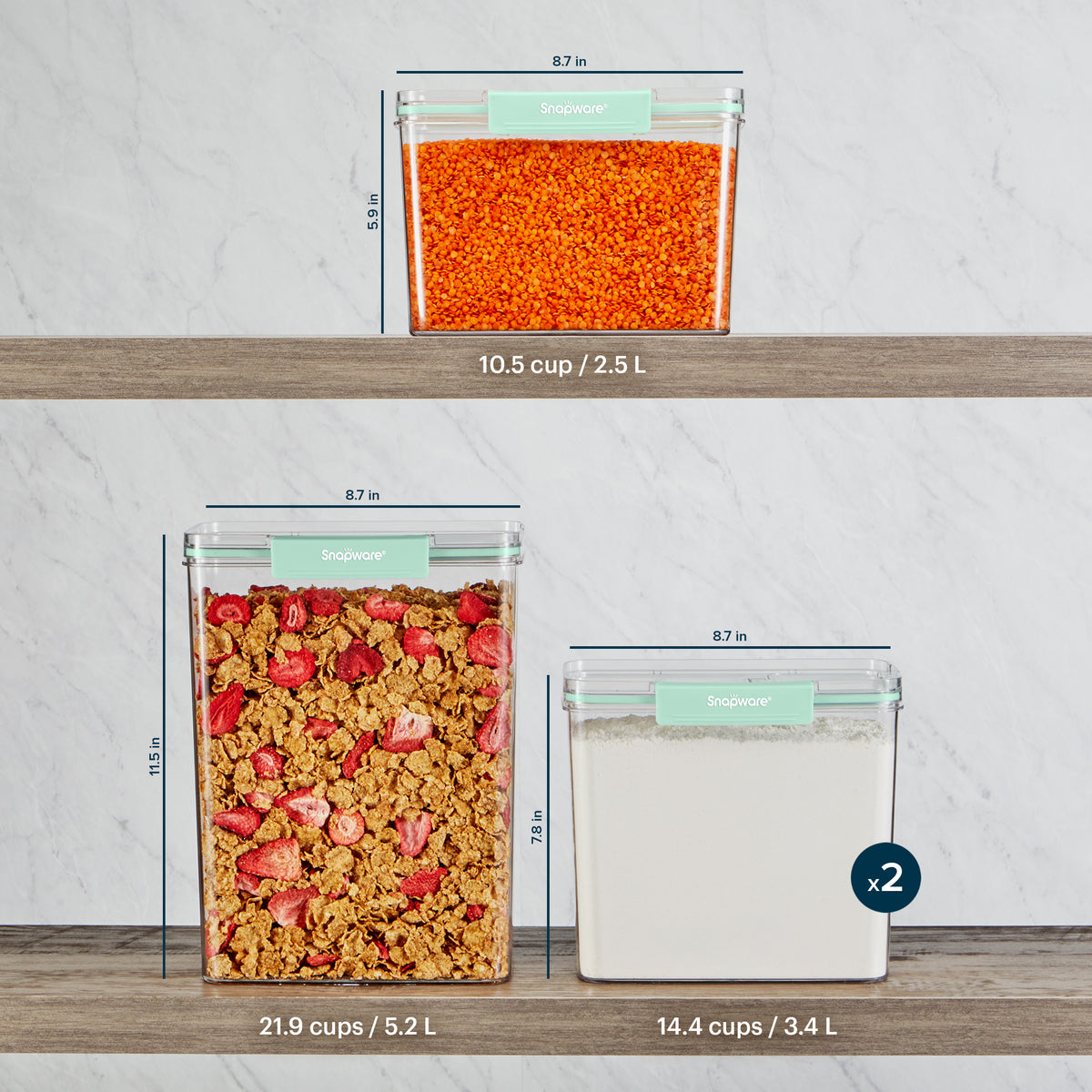 Snapware® 4-piece plastic canister set showing container capacities and dimensions, including one 10.5-cup container, one 21.9-cup container, and two 14.4-cup containers with mint green lids.