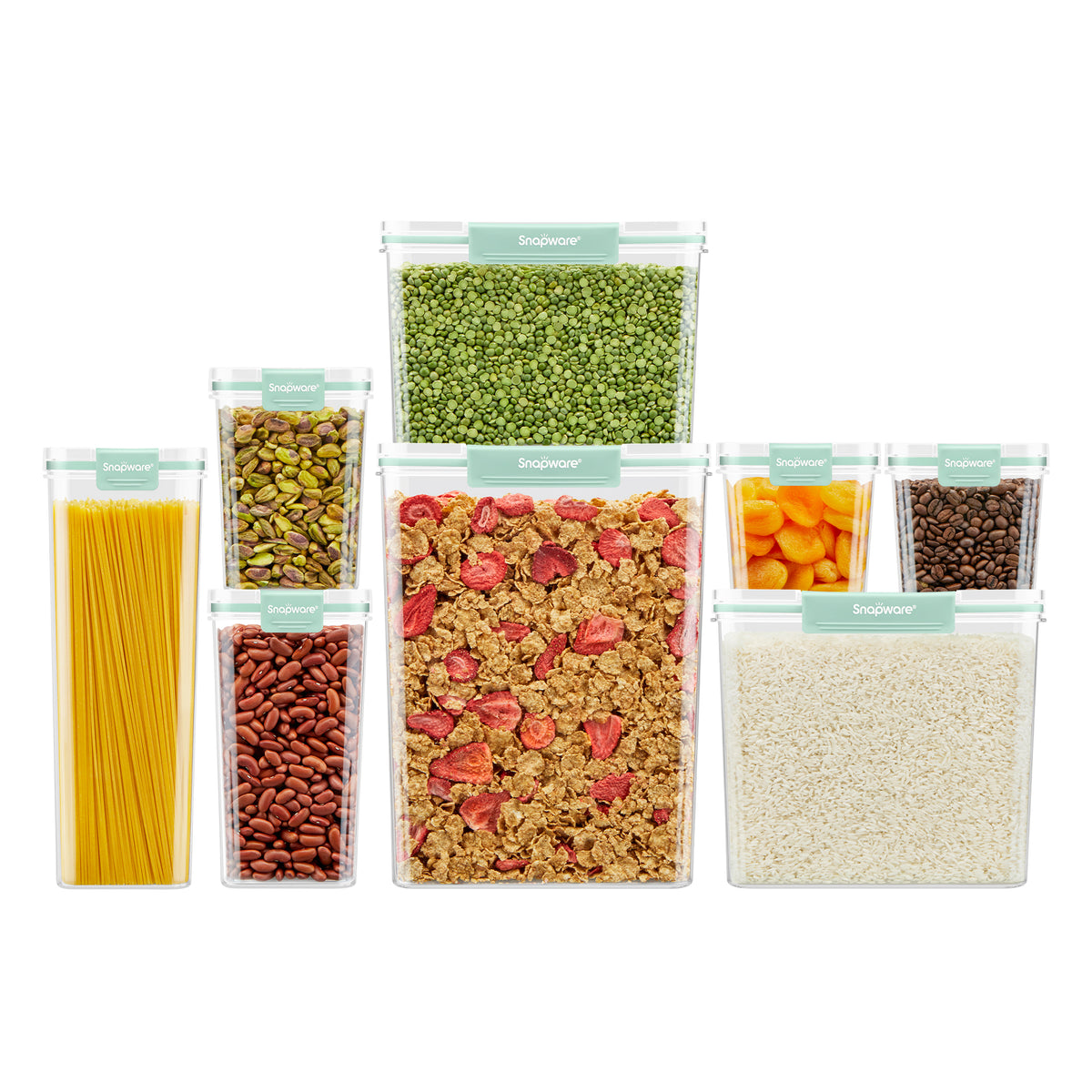 Snapware® 6-piece plastic canister set with mint green lids, displayed with assorted dry foods including pasta, pistachios, beans, cereal, rice, dried apricots, coffee beans, and split peas.