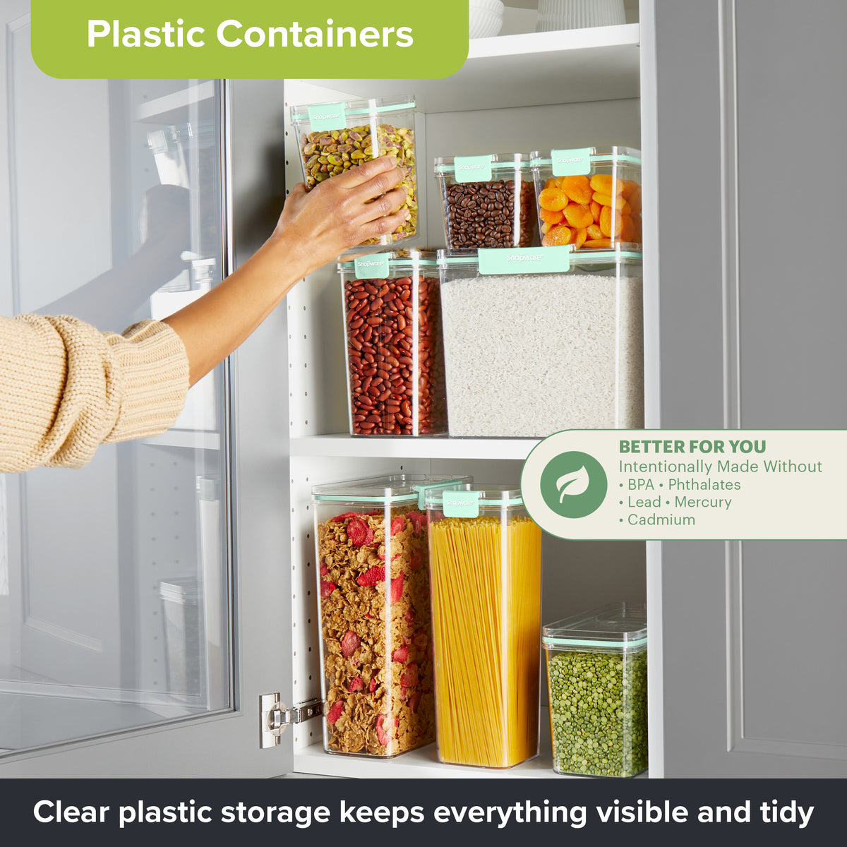 Snapware® clear plastic storage containers with mint green lids arranged in a pantry cabinet, storing rice, beans, pasta, cereal, coffee beans, dried fruit, pistachios, and split peas.
