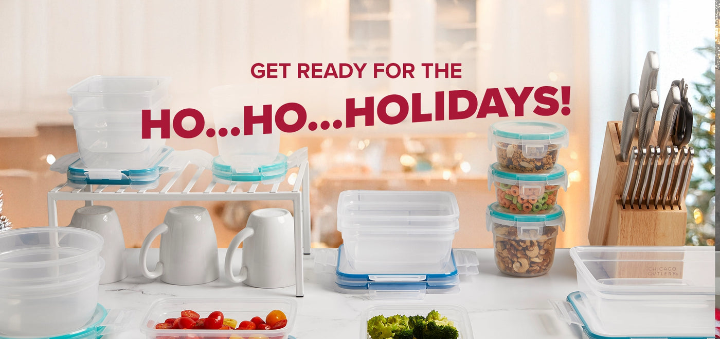 Kitchen scene with food containers and cutlery, promoting 'HO...HO...Holidays' with text overlay.