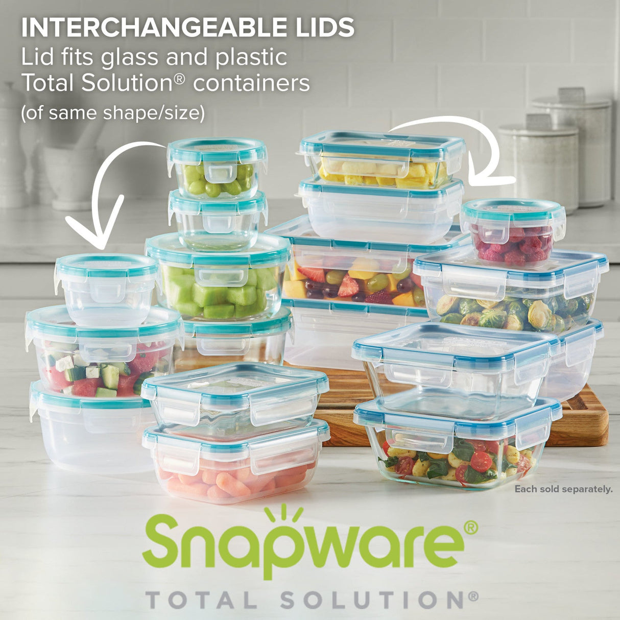images of Total Solutions containers-text interchangeable lids fits containers of same shape/size each piece sold separately
