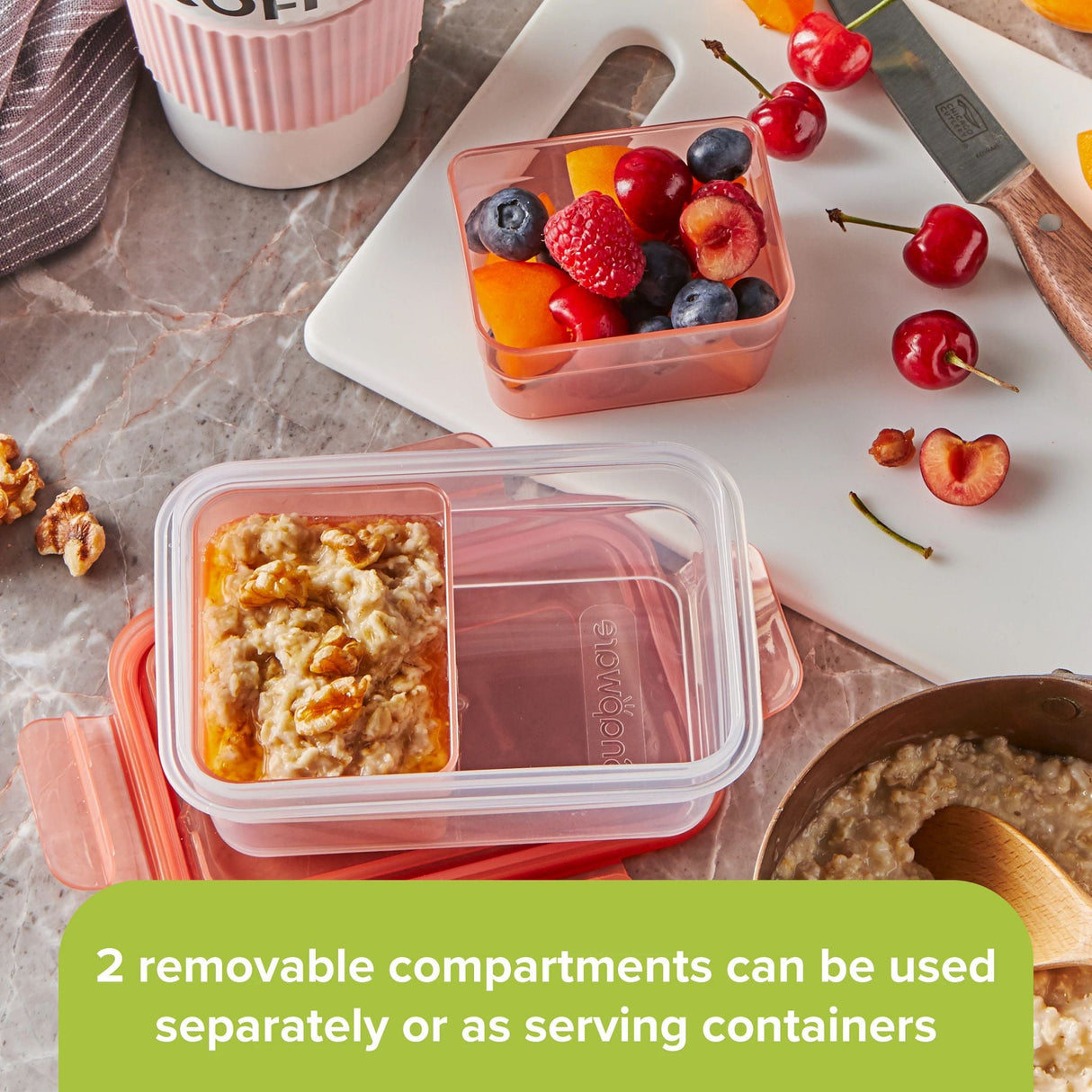 Meal Prep 2-section Divided: 2-cup Rectangle Storage Container with orange lid displayed with food on counter
