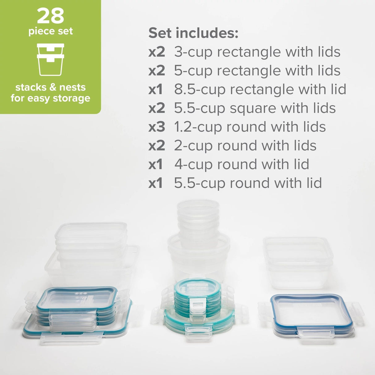 28pc set stacks & nests for easy storage with list of set components listed