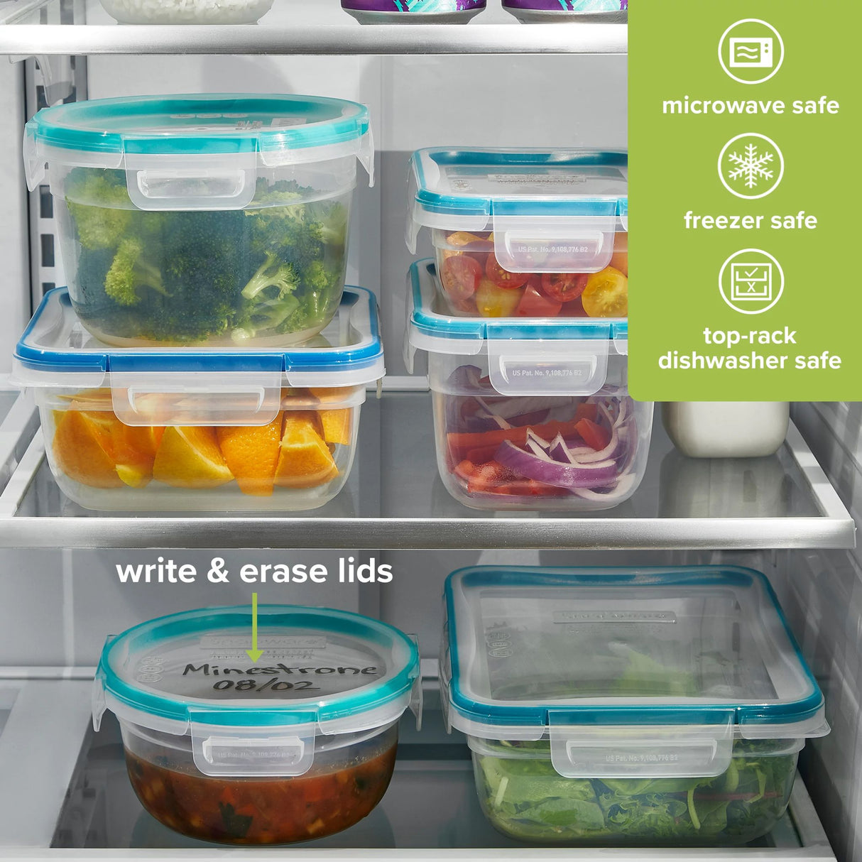 Total Solution Plastic Storage being used in fridge with text microwave, freezer and top-rack dishwasher safe