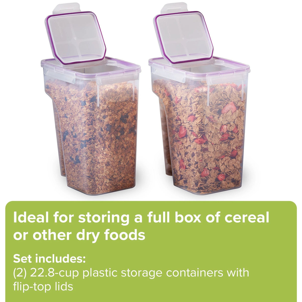 Airtight 22.8-cup Plastic Food Storage Container, 2-pack with text ideal for storing a full box of cereal or other dry foods