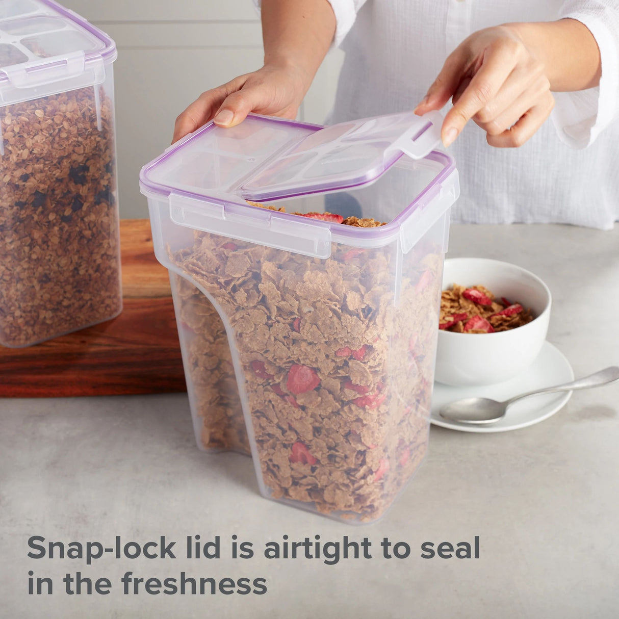 Airtight 22.8-cup Plastic Food Storage Container, 2-pack with text snap-lock lid is airtight to seal in the freshness