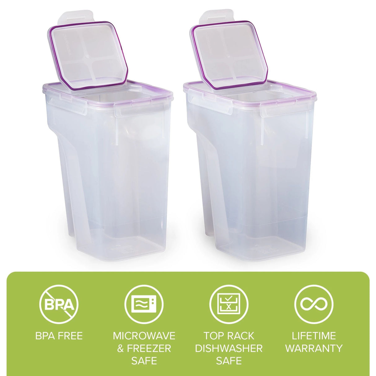 Airtight 22.8-cup Plastic Storage Container, 2-pack with text BPA Free microwave/freezer safe dishwasher safe lifetime warranty