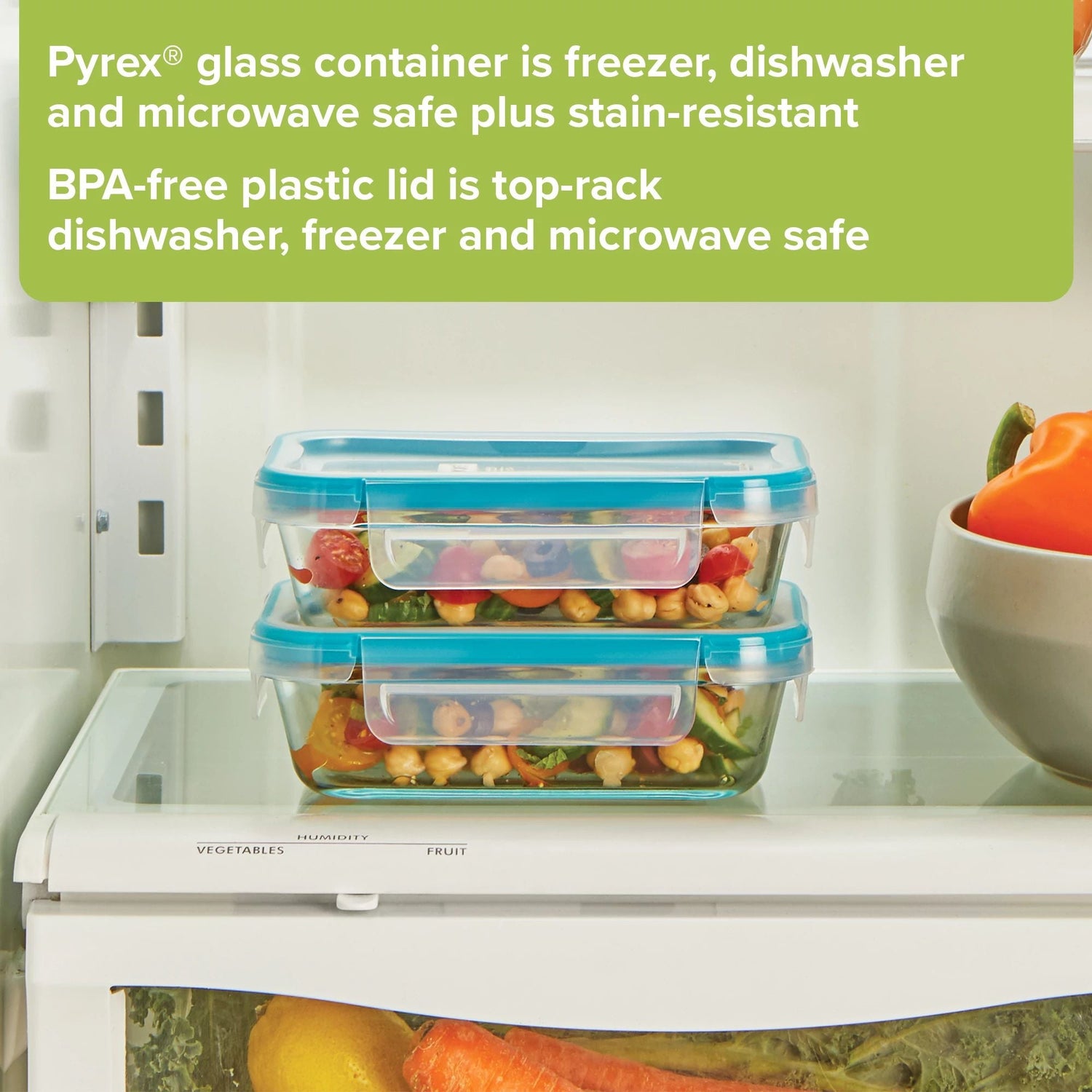 text Pyrex glass container is freezer, dishwasher & microwave safe, BPA plastic lids top rack dishwasher