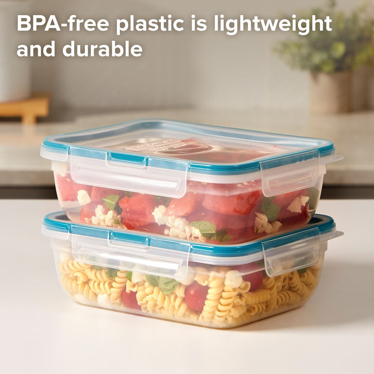 Stack of BPA-free plastic food containers with food inside on a kitchen counter.