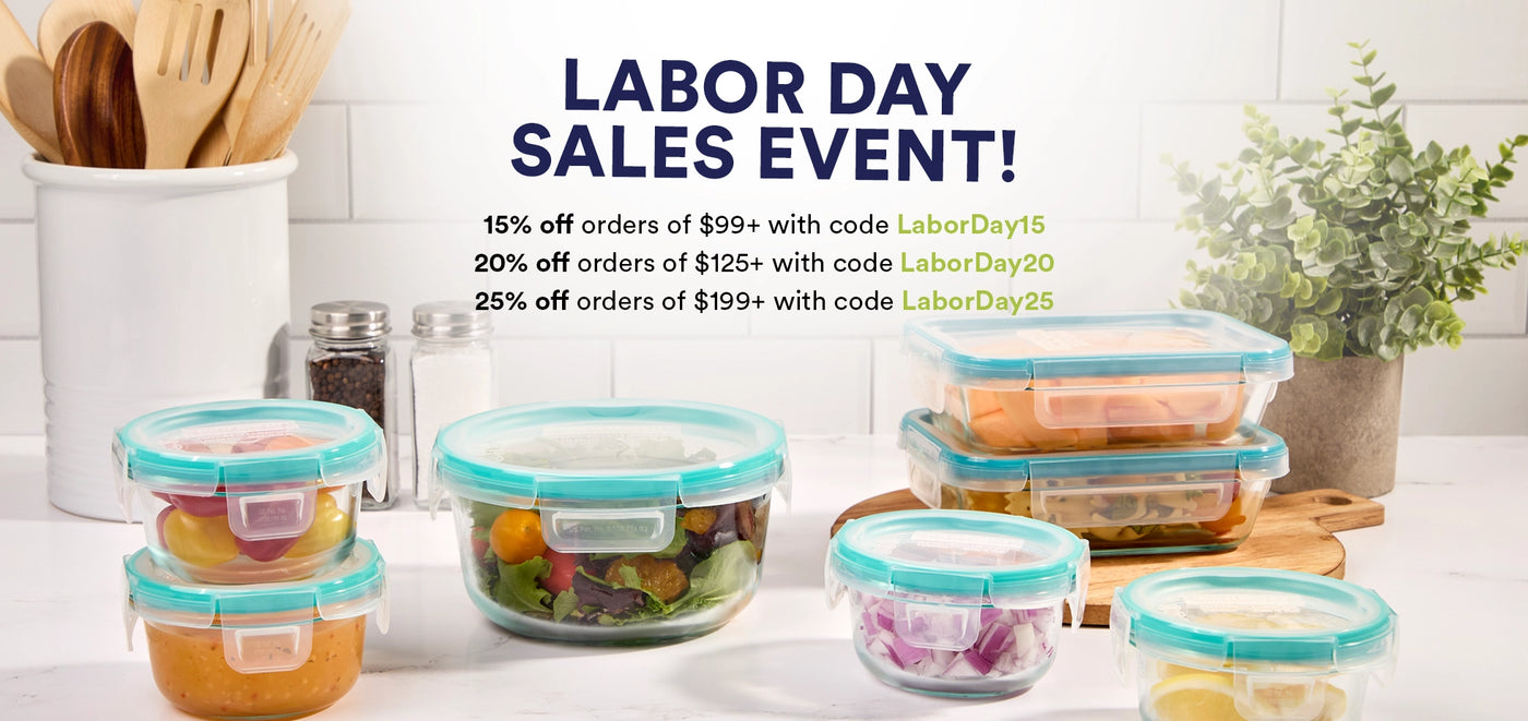 Glass food storage containers with colorful lids on a kitchen counter, with Labor Day sales text overlay.