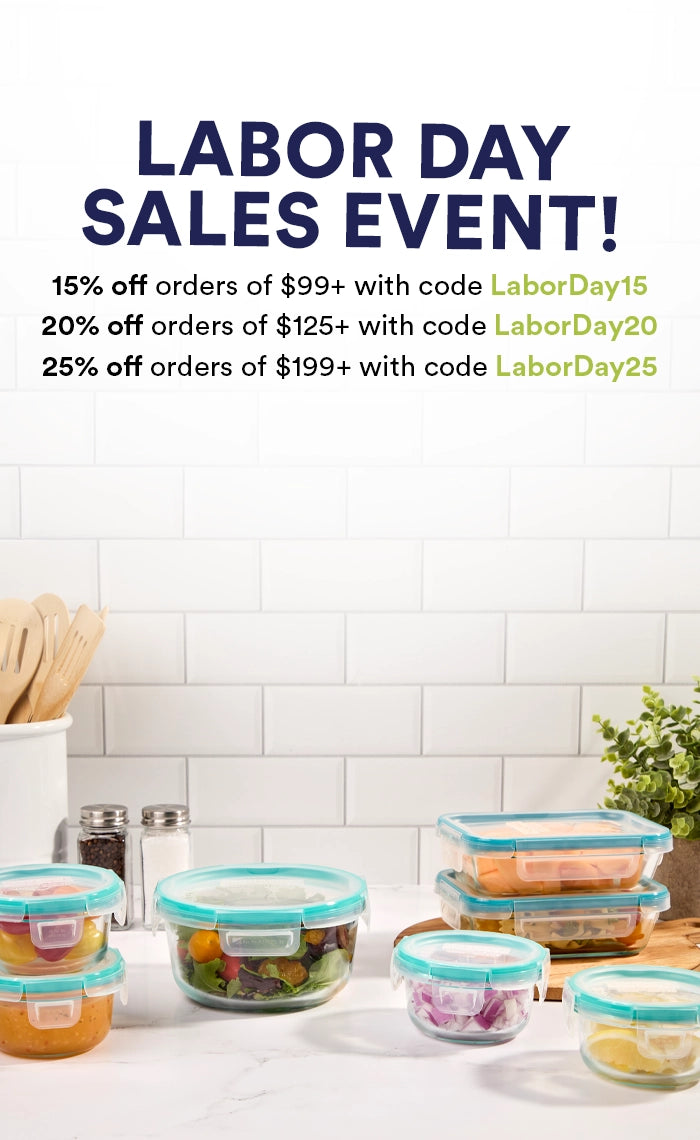 Labor Day sales event advertisement with food storage containers on a kitchen counter.