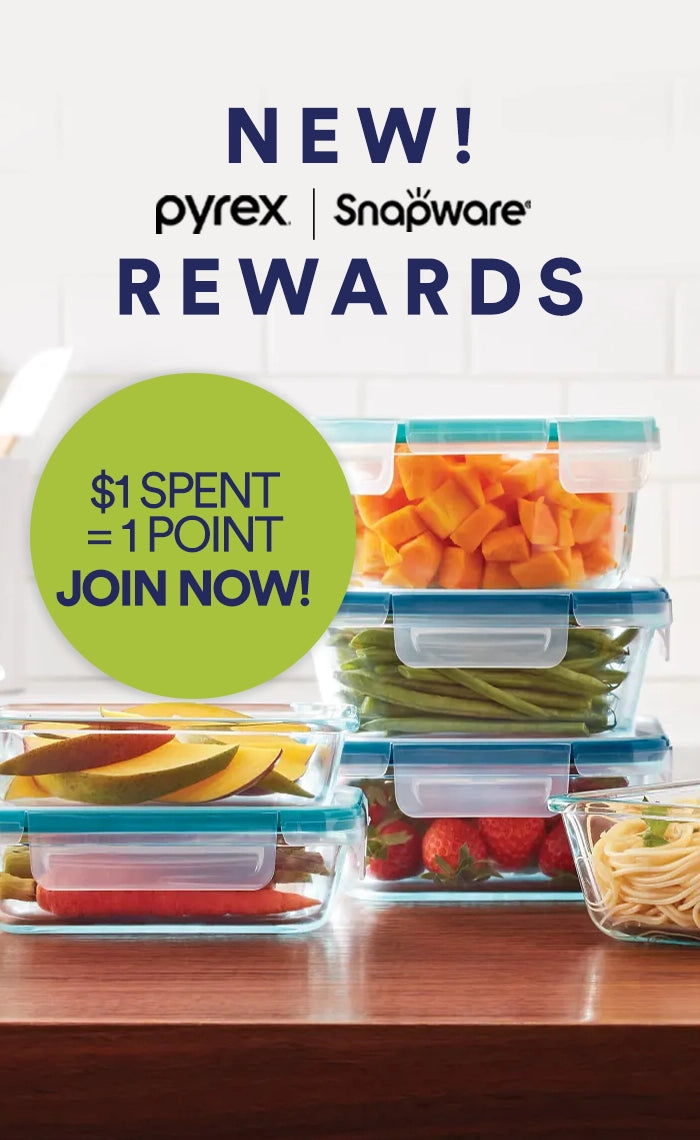 Pyrex Snapware containers with food and promotional text for their rewards program on a white background.