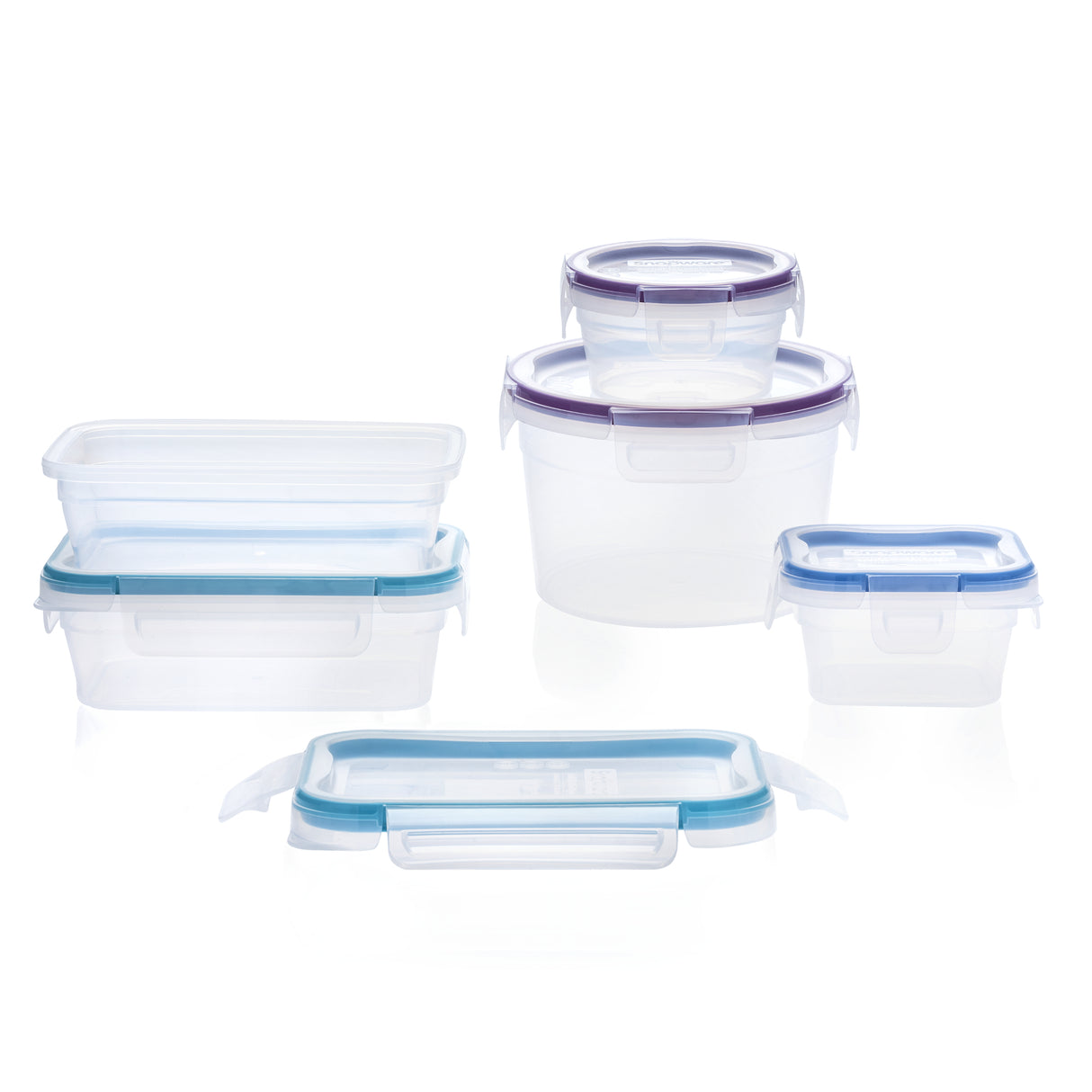 Set of clear food storage containers with blue lids on a white background