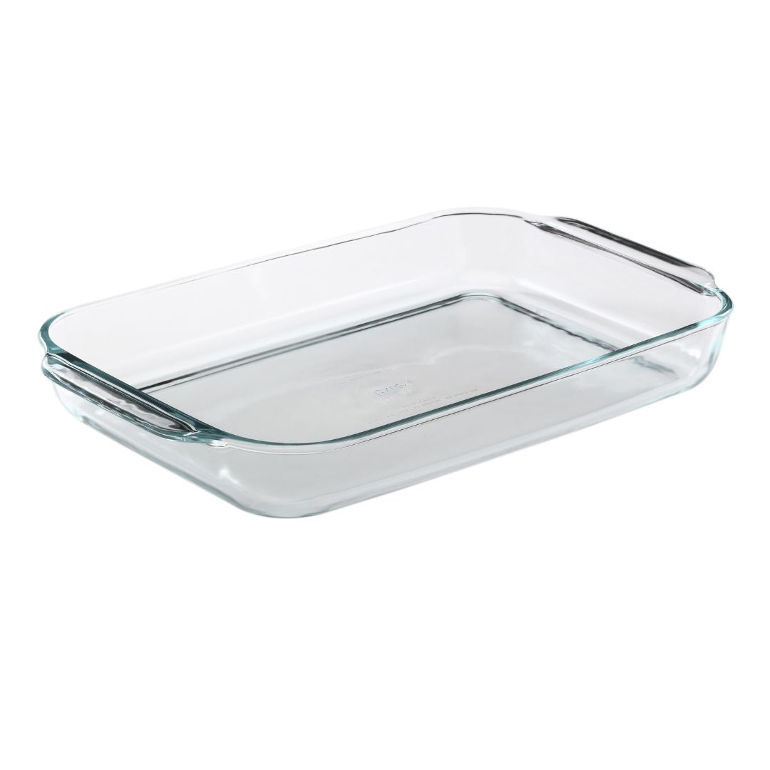 Clear glass rectangular baking dish on a white background