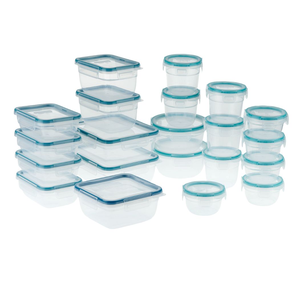 Set of clear food storage containers with blue lids on a white background