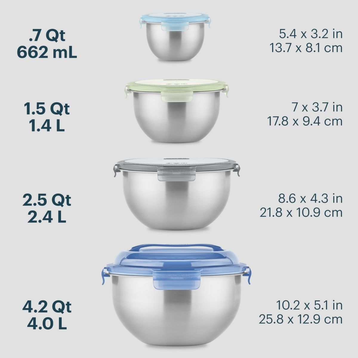 Set of stainless steel bowls with lids and their measurements on a light gray background