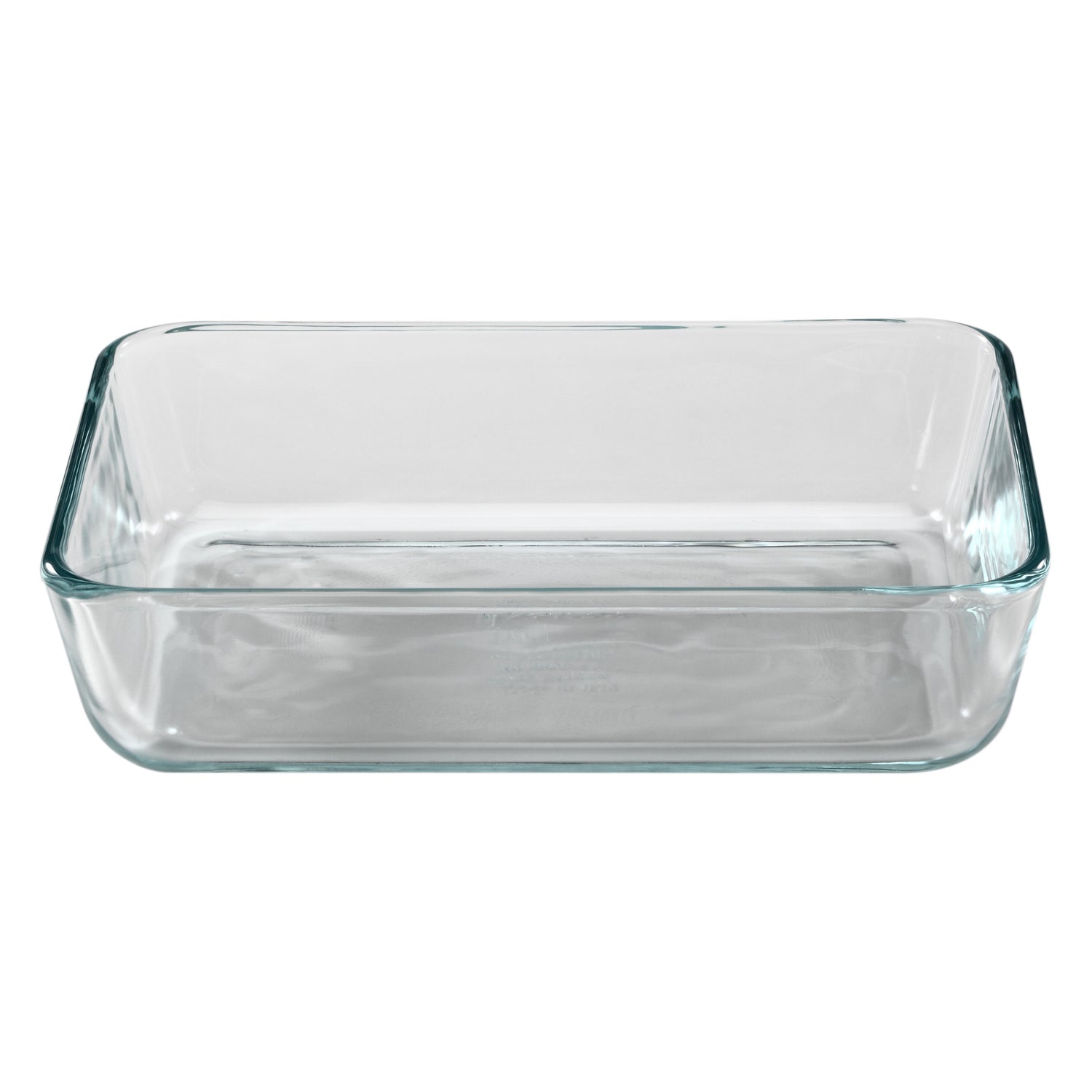 Clear glass rectangular baking dish on a white background