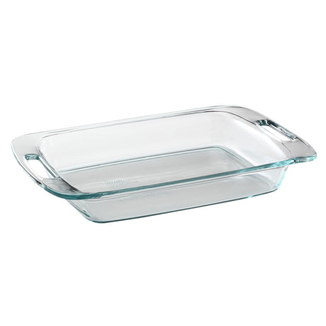 Clear glass baking dish with handles on a white background