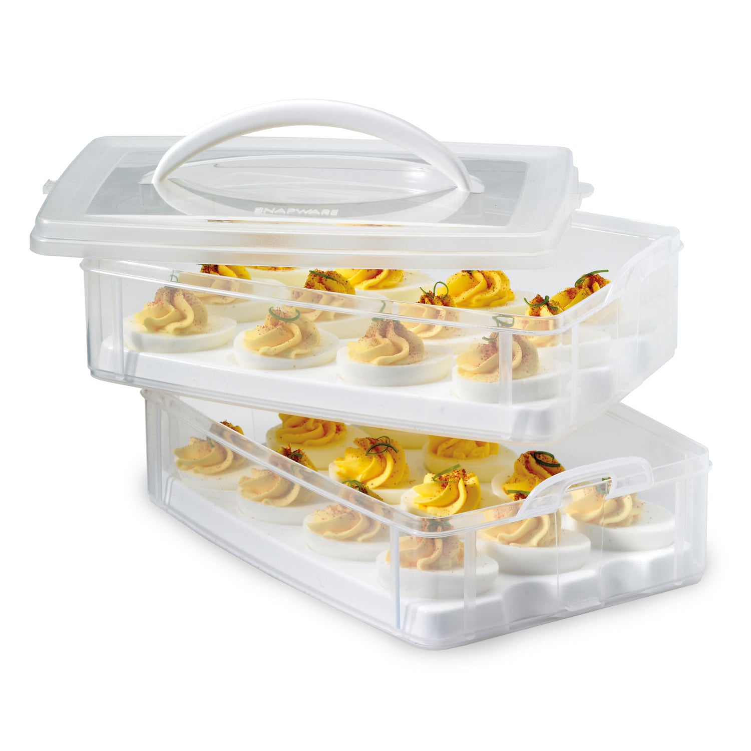 Stackable plastic containers with deviled eggs on a white background