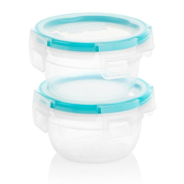a set of snapware containers with aqua lids