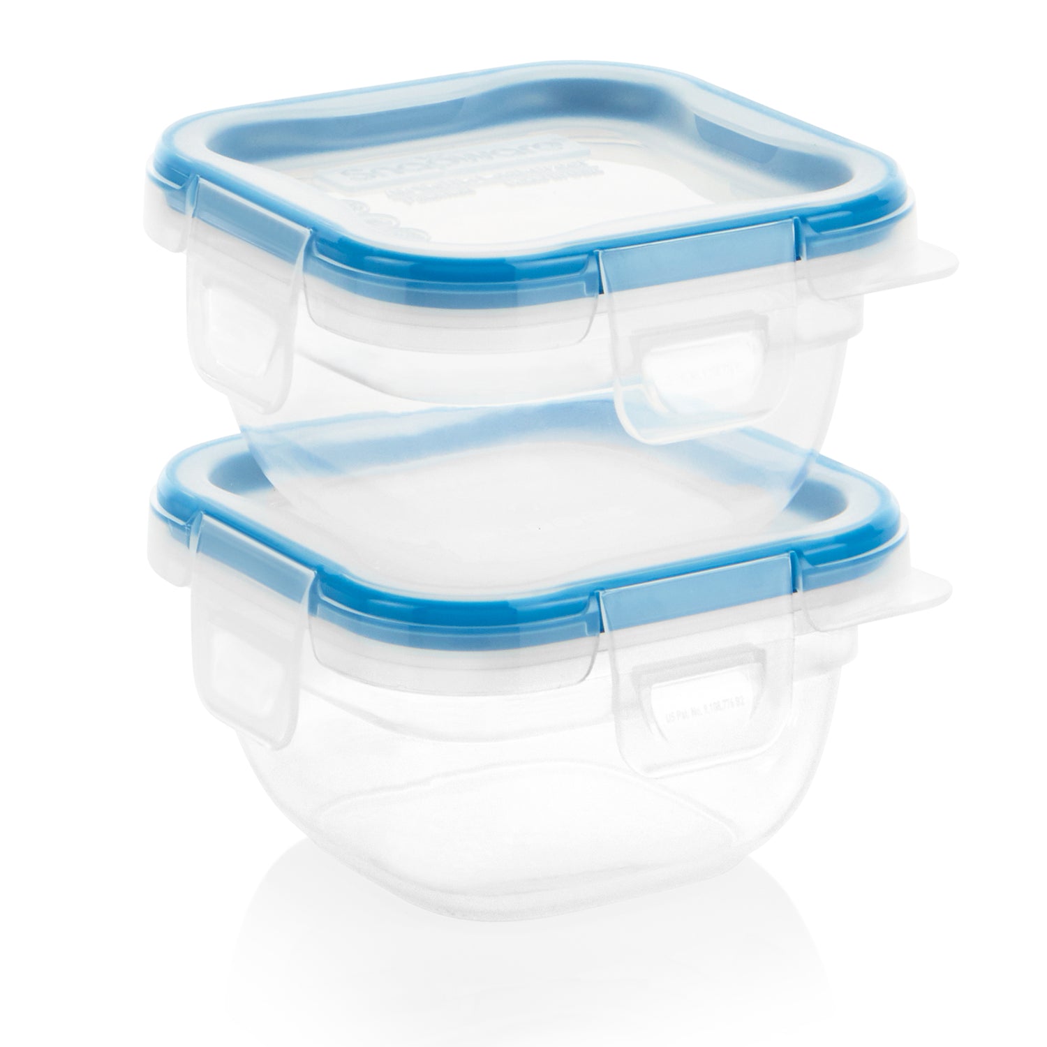Two clear food storage containers with blue lids on a white background
