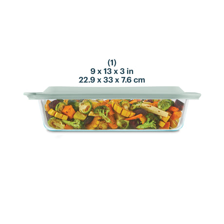 Rectangular glass food container with lid filled with vegetables, showing dimensions on a white background.
