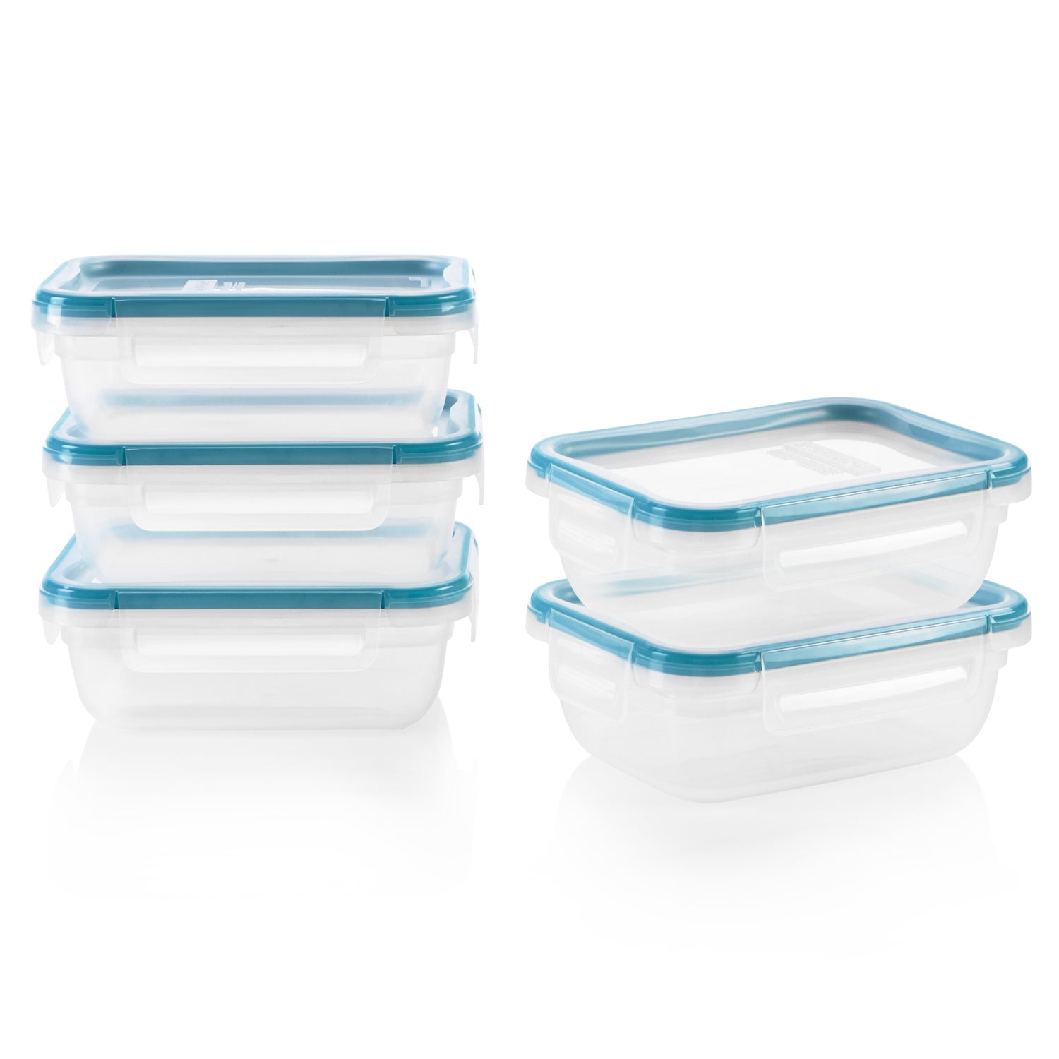 Set of clear food storage containers with blue lids on a white background
