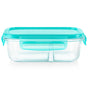 MealBox 2.3 cup Rectangular Divided Glass Storage Container with Turquoise Lid - side view
