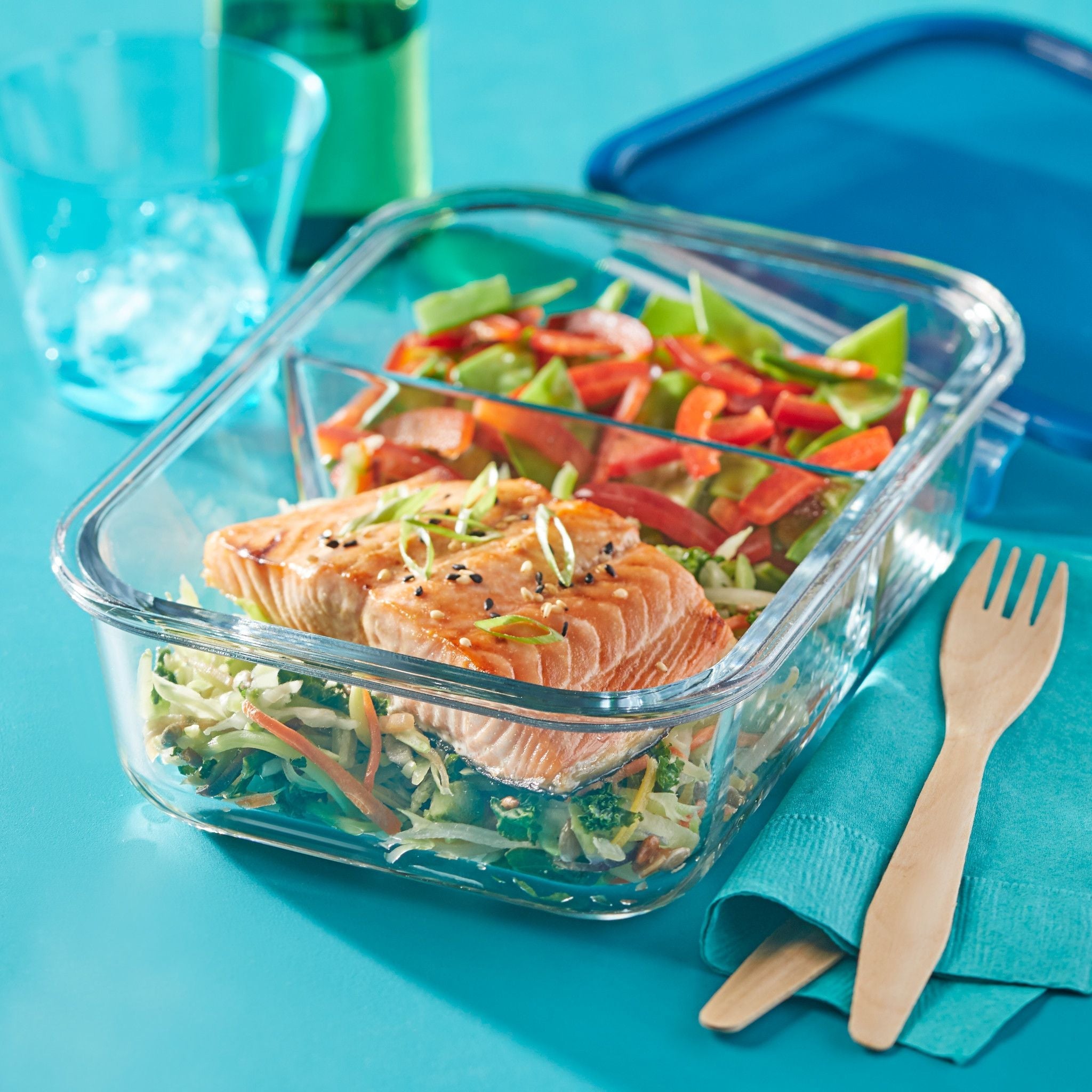 Pyrex® MealBox™ 5.8-cup Divided Glass Food Storage Container with Blue