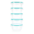 Set of five clear glass containers with teal lids on a white background