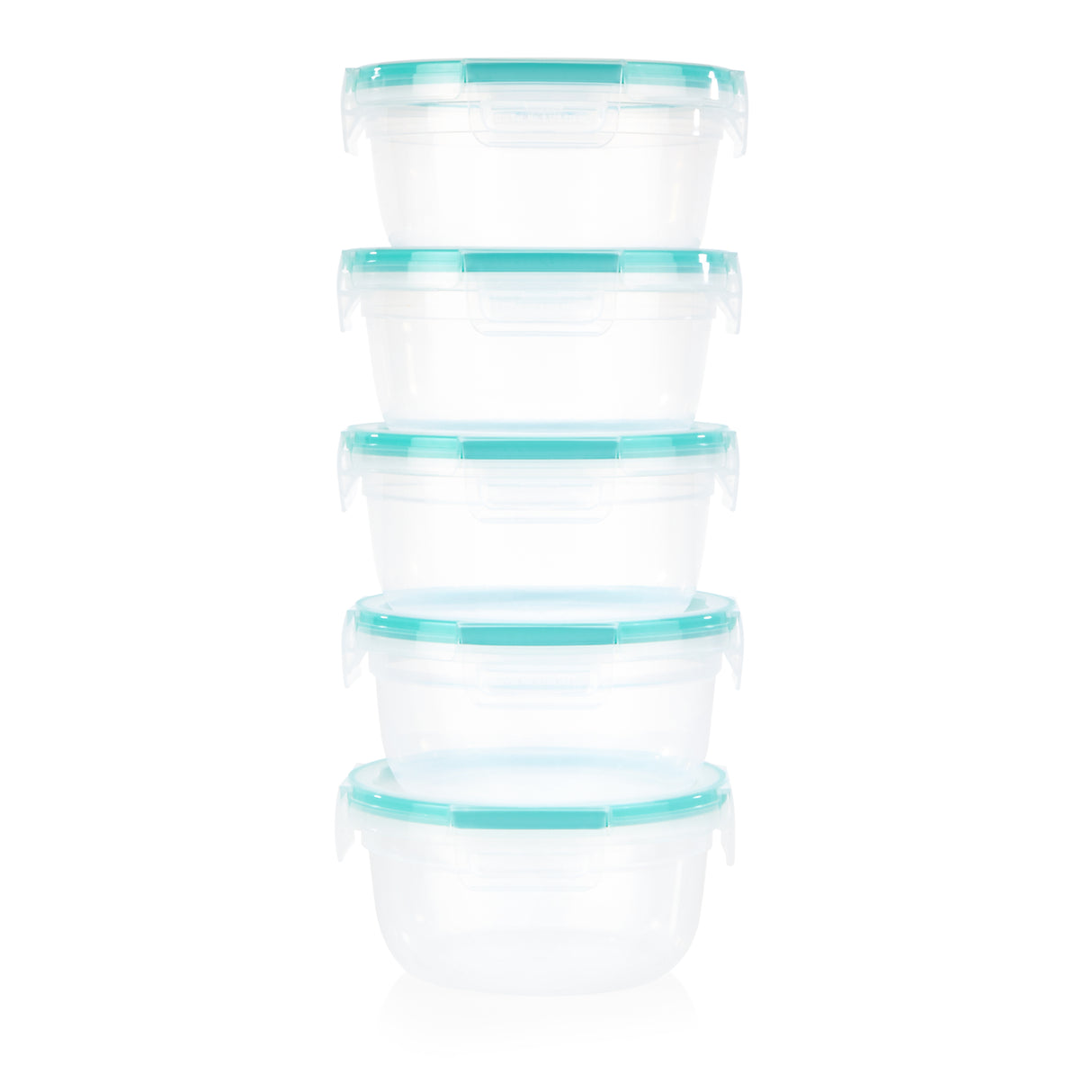 Set of five clear glass containers with teal lids on a white background
