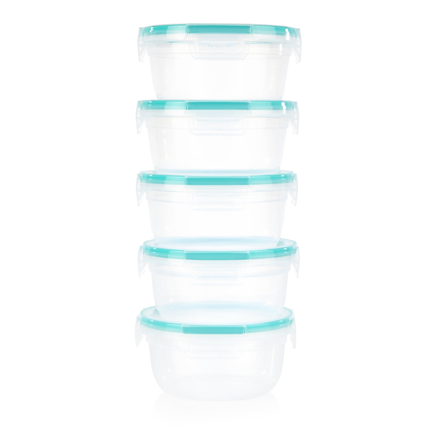 Set of five clear glass containers with teal lids on a white background