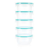 Set of five clear glass containers with teal lids on a white background