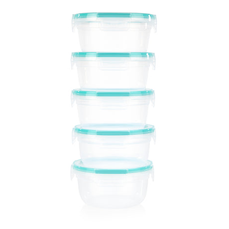 Set of five clear glass containers with teal lids on a white background