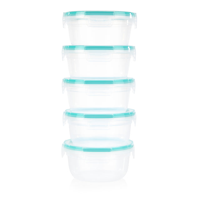 Set of five clear glass containers with teal lids on a white background
