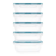 Set of six clear food storage containers with blue lids on a white background