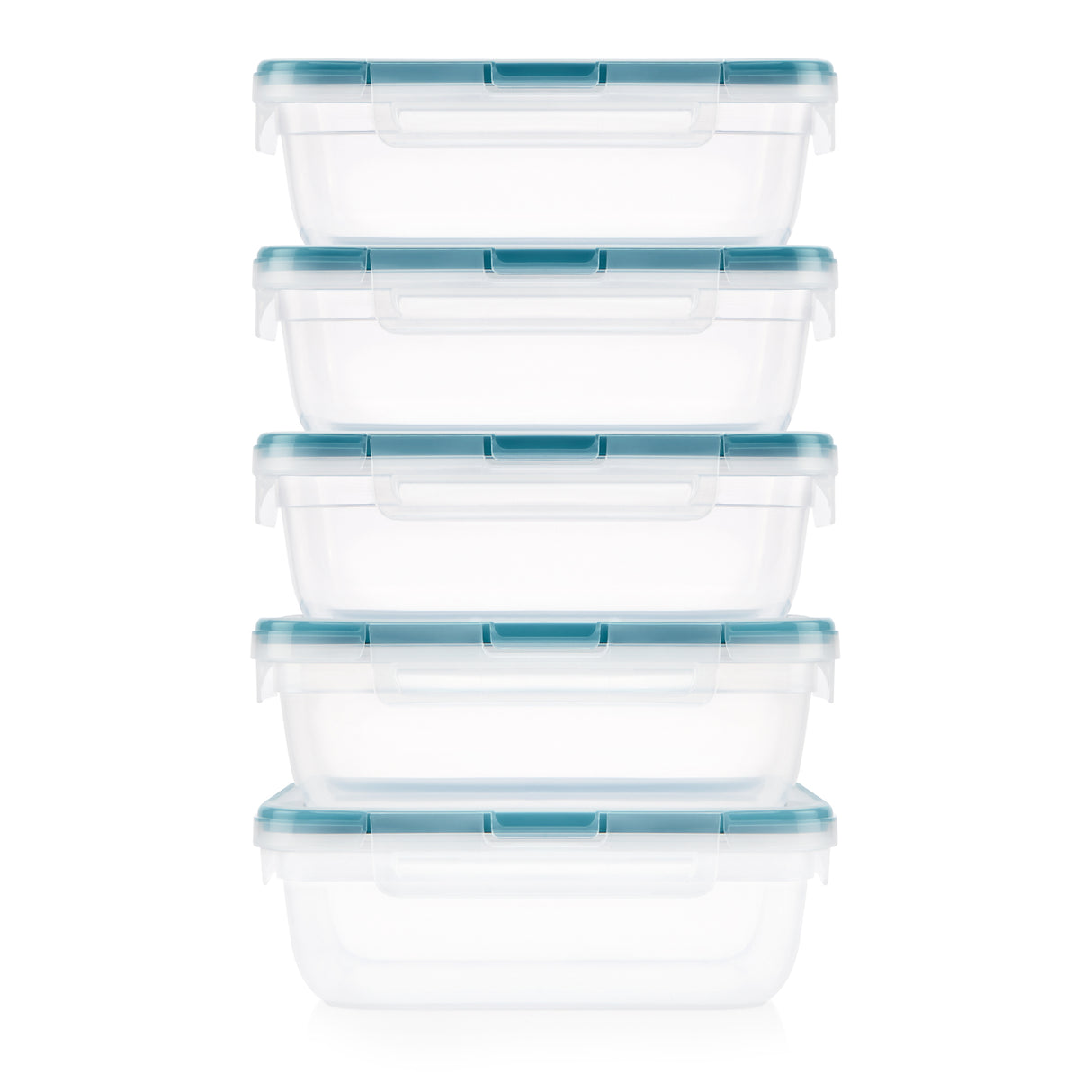 Set of six clear food storage containers with blue lids on a white background